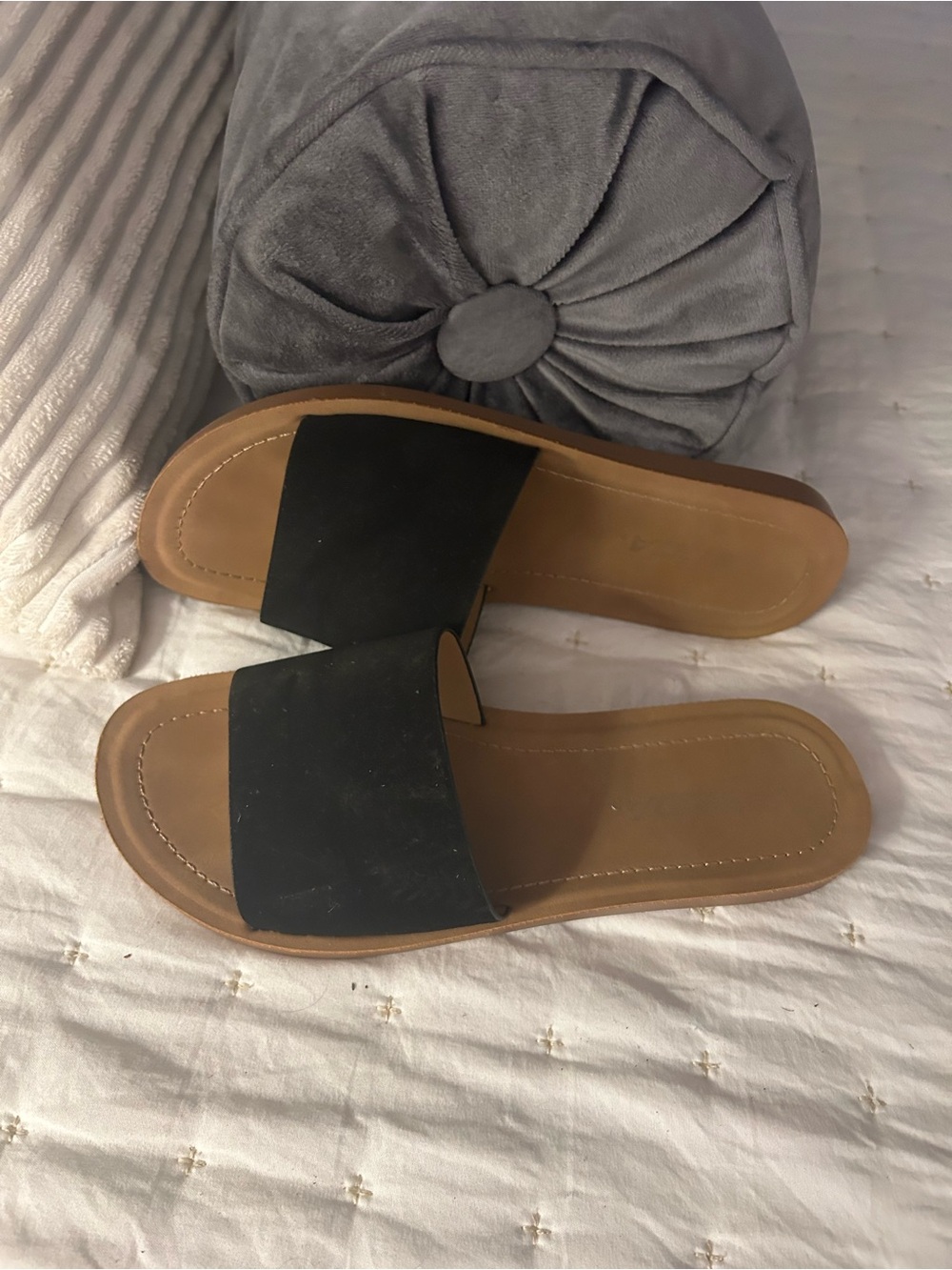 Soda Black Slide Sandals with Tan Footbed